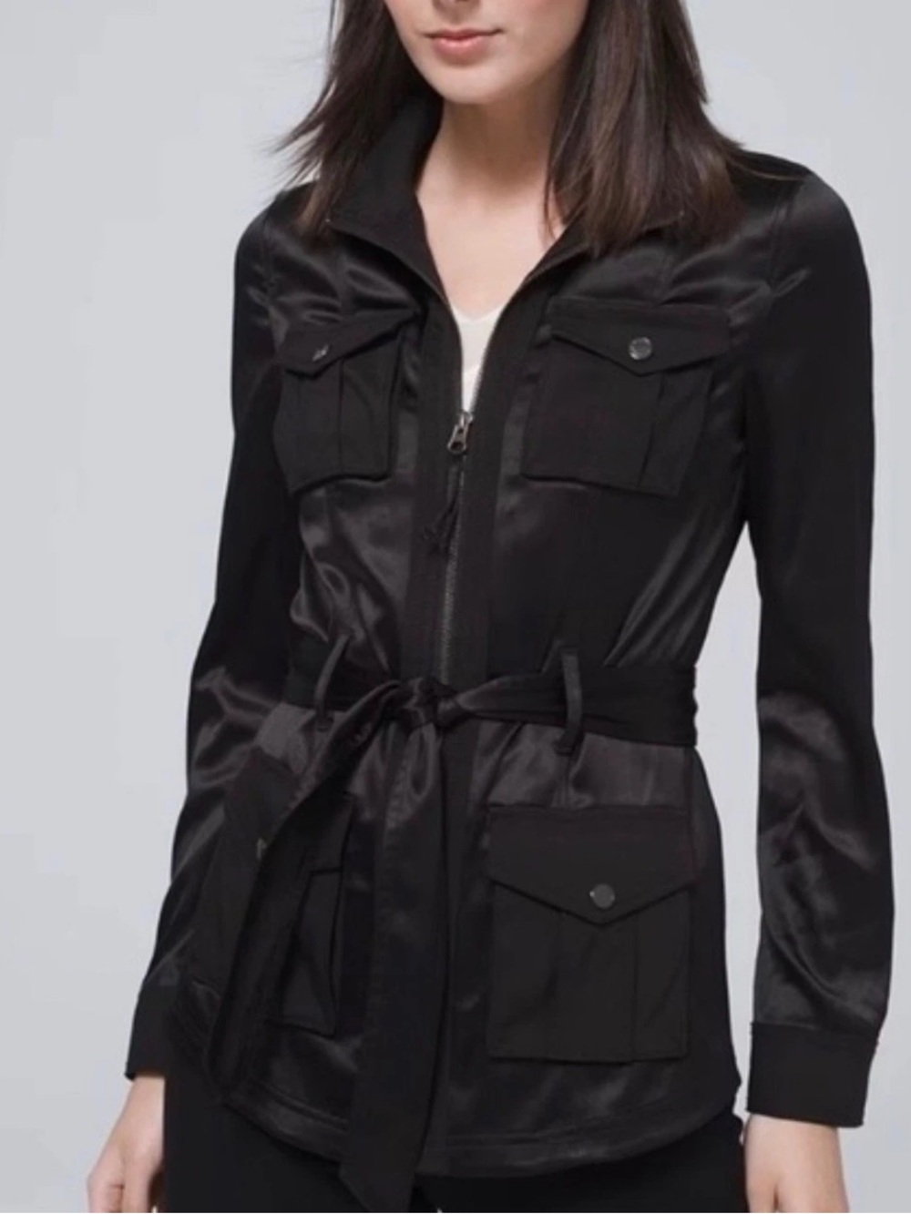 White House Black Market Black Satin Utility Jacket with Tie Belt